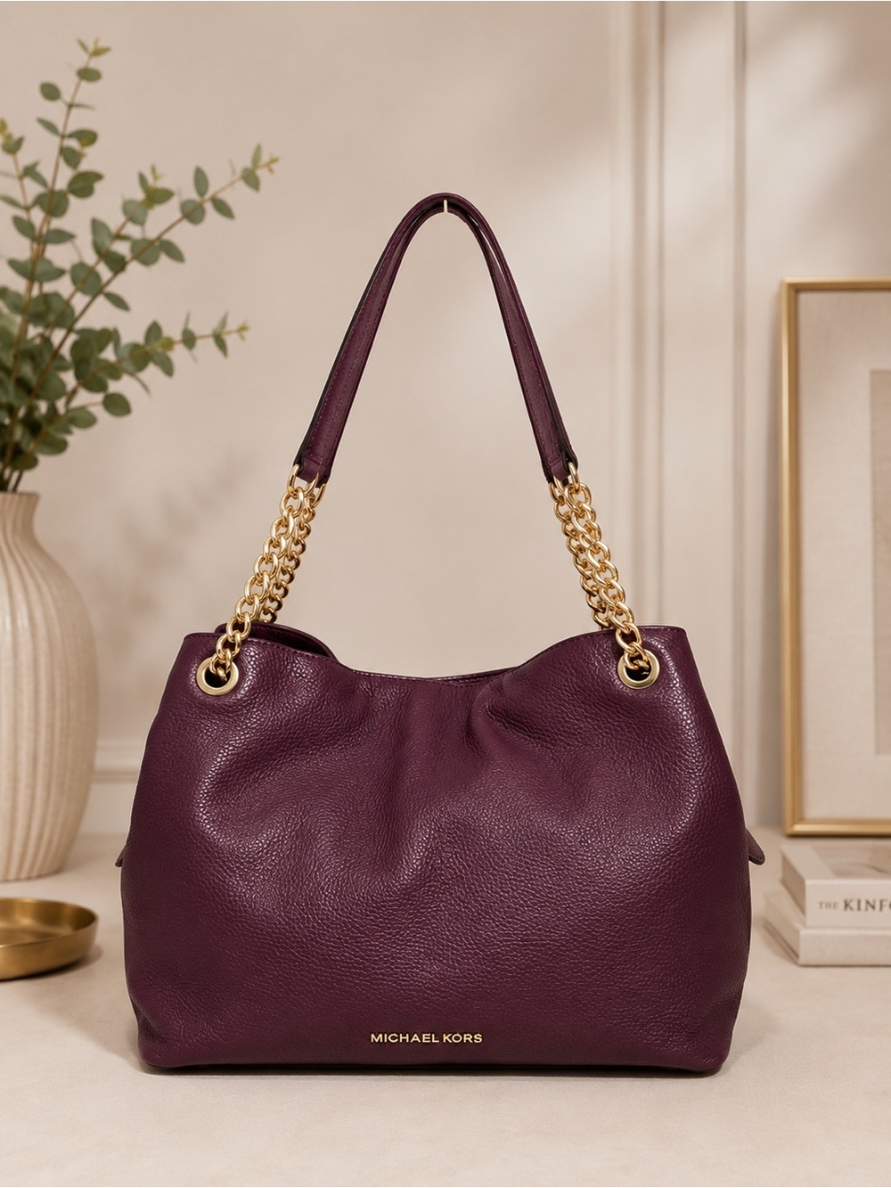 Michael Kors Plum Purple Pebbled Leather Large Chain Strap Shoulder Tote Bag